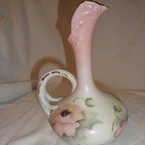 E Conner Pitcher Hand Painted 7" Pink Wild Roses 14k Trim EUC